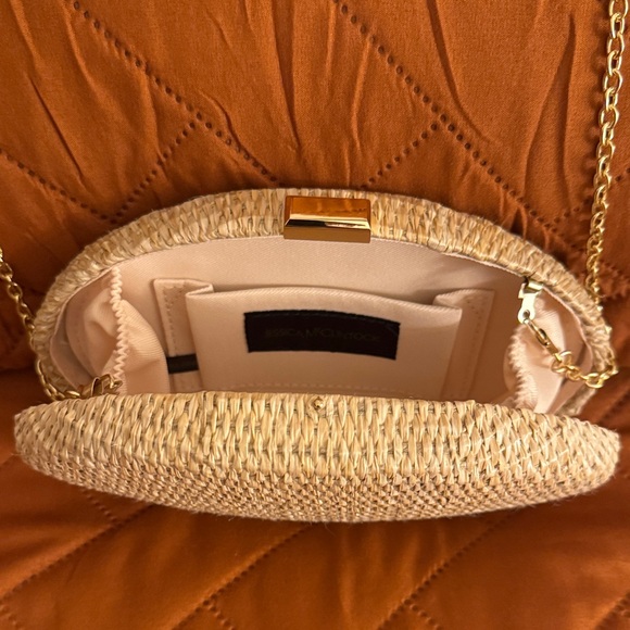 Woven Straw Oval Clutch with Gold Chain - Beige - Picture 2 of 2